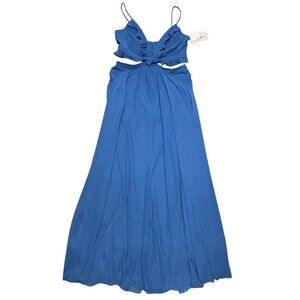 Lovely Lux Sz 10 Chiffon Maxi Dress Dusk Blue V- Neck Cut Outs Sleeveless LB014